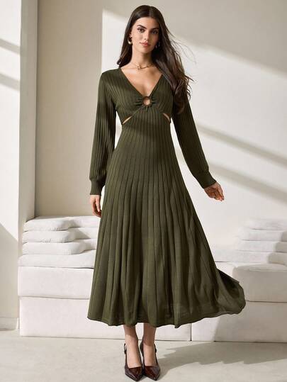 CLARA VERO Casual Deep V Neck Pleated Cut Out Sides Maxi Knitted Dress For Fall Winter Women Outfits