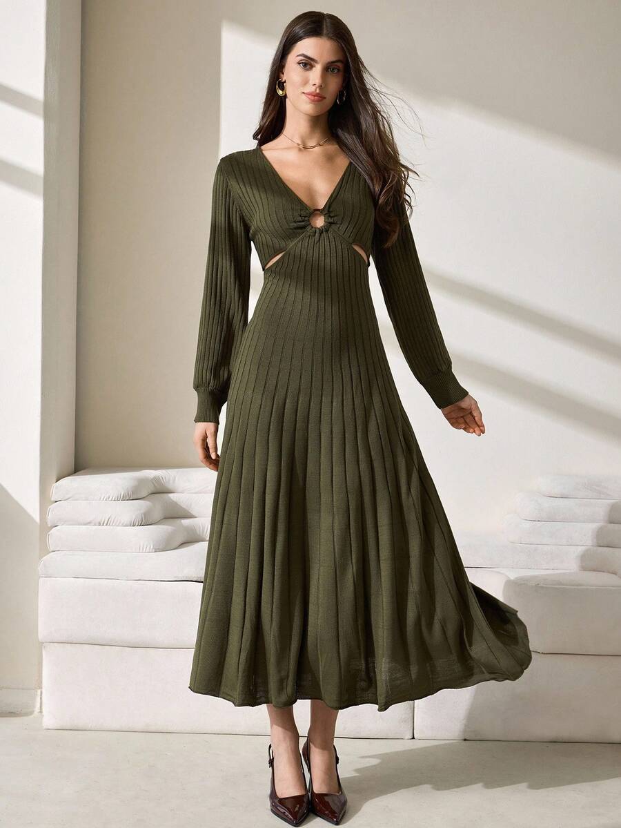 CLARA VERO Casual Deep V Neck Pleated Cut Out Sides Maxi Knitted Dress For Fall Winter Women Outfits - Army Green - View 1