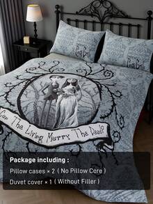 Corpse Bride X SHEIN 3pcs Vintage Cartoon Figure Graphic Duvet Cover Set, Brushed Fabric, Soft & Warm, Black Duvet Cover, Multiple Sizes Fit Twin/Full/Queen/King Bed, Goth - Grey - View 7