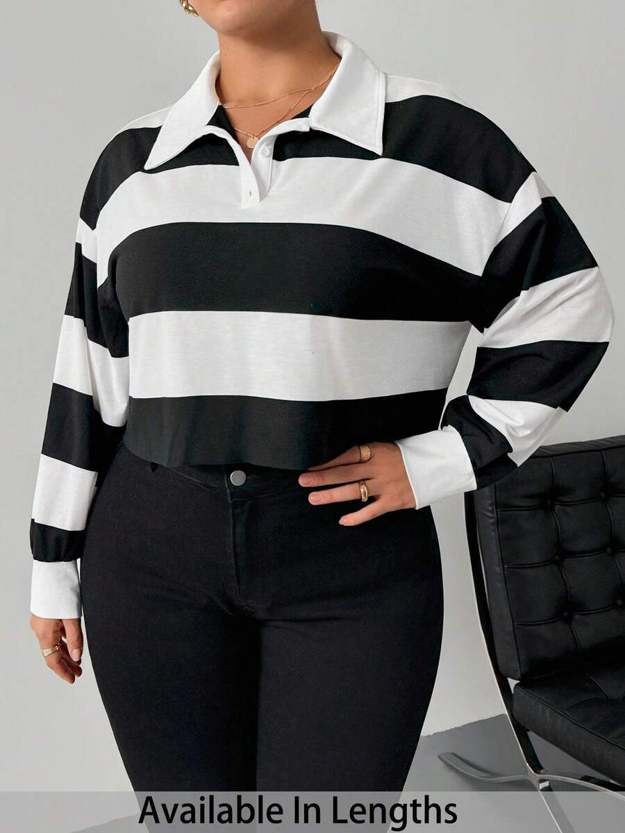 SHEIN PETITE CURVE 大码半扣拼色落肩春季短款 T 恤 - 黑與白 - 查看 1