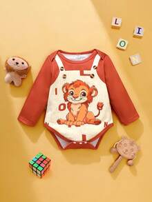 Perso Play Baby Boy Autumn Brown Bodysuit With Envelope Collar, Cute Printed 2 In 1 Design, Essential For Daily Outings Fall Winter