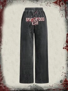 A Nightmare on Elm Street X ROMWE Women's Casual Fashion Street Letter Graphic Drawstring Waist Slant Pocket Loose Wide Leg Sweatpants - Black - View 1