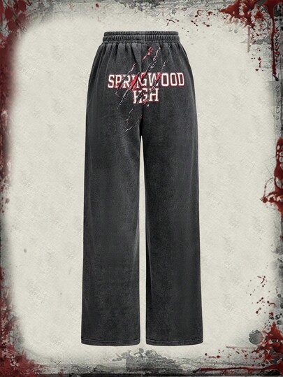 A Nightmare on Elm Street X ROMWE Women's Casual Fashion Street Letter Graphic Drawstring Waist Slant Pocket Loose Wide Leg Sweatpants