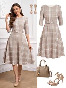 Ellevyn 大码女式圆领七分袖格子腰带设计优雅连衣裙 - 彩色 - 查看 1