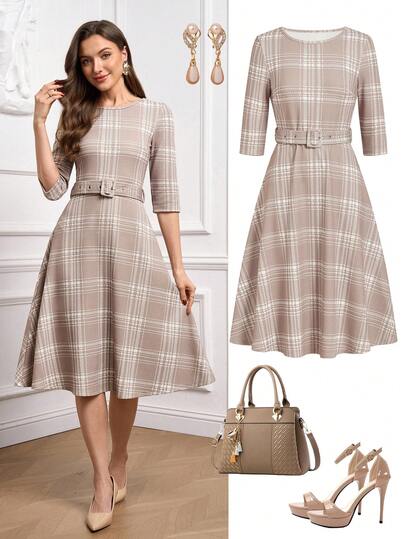 Ellevyn 优雅腰部收紧圆领女式连衣裙，简约风格