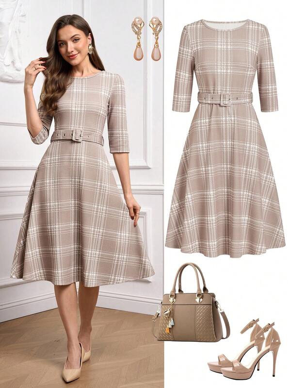 Ellevyn Elegant Waist Cinched Round Neck Women Dress, Minimalist Style