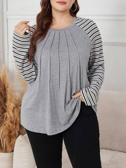 SHEIN Lacomfia 优雅休闲大码女式条纹印花圆领长袖T恤