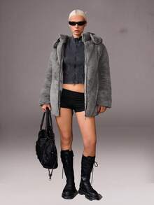CasuGlow Áo khoác mùa đông chi tiết lông giả màu trơn cho nữ - Xám - Xem 6