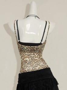 SHEIN ICON Áo hai dây họa tiết da báo dành cho nữ, kết hợp với áo ngực dây mảnh ren đen, bộ 2 món - Nhiều màu - Xem 2