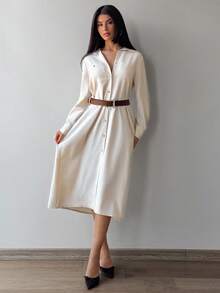 EURMUSE Linen Look, Pocket Details, Long Shirt Dresses - White - View 5