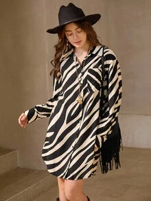 Wildy 女式夏季条纹休闲舒适衬衫裙，立领、口袋、侧开衩、不对称下摆，蓝白相间 - 黑色 - 查看 6