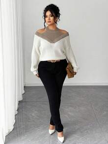 SHEIN Elenzya Women's 2 In 1 Off-Shoulder Contrast Color Sweater - Apricot - View 3