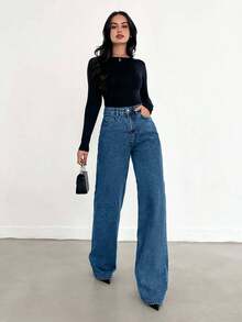 Jeans a vita alta, gamba ampia, orlo lungo, blu - 716 gr