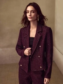 MOTF PREMIUM AUTUMN/WINTER FRENCH STYLE CHIC TWEED LAPEL COLLAR LONG SLEEVE FITTED SHORT WOMEN'S BLAZER JACKET, PURPLE - Purple - View 4