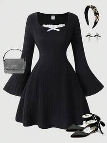 Vestido de línea A con cuello de lazo elegante vintage, mangas acampanadas acanaladas para adolescentes - Negro - Ver 1
