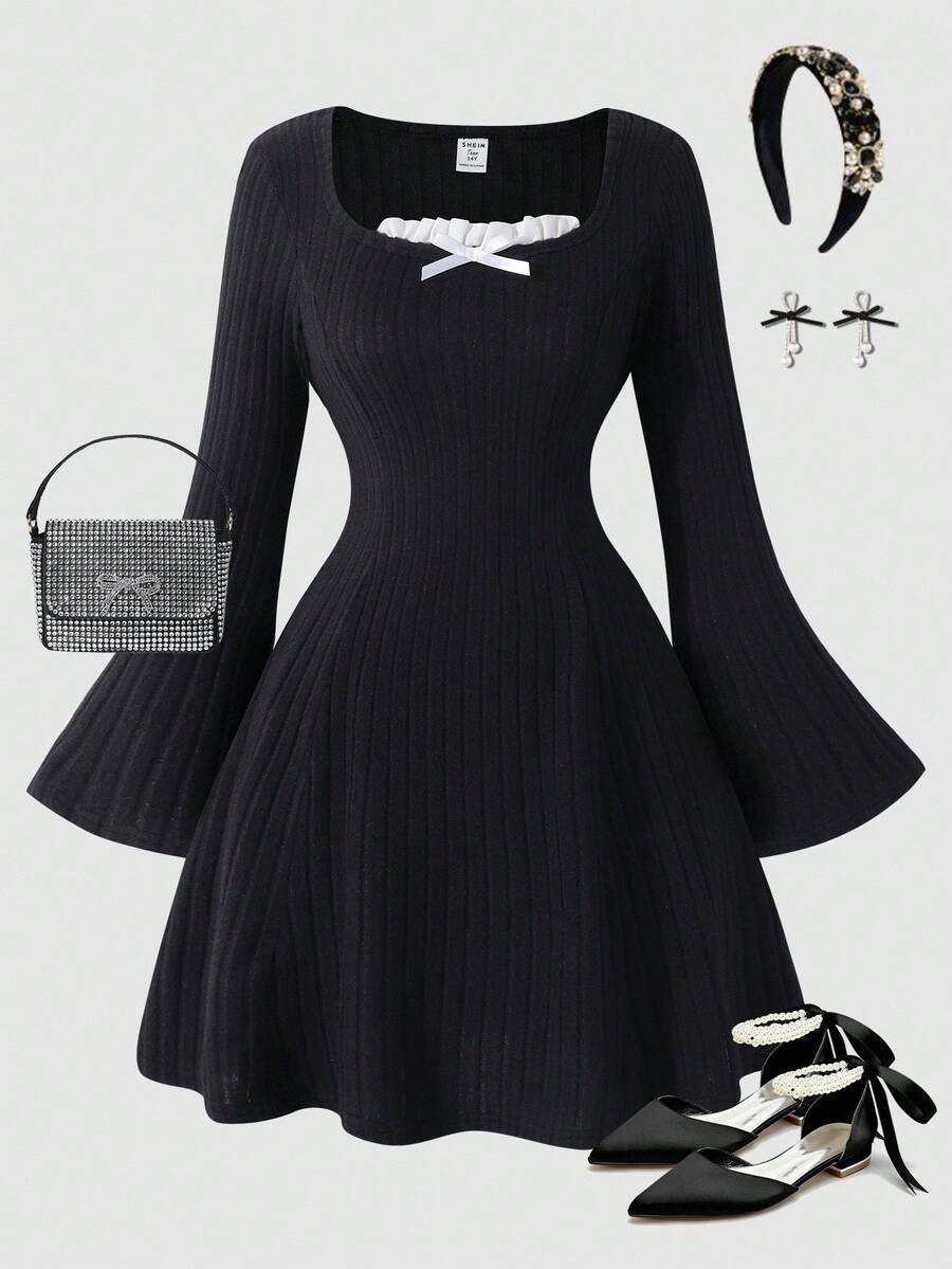 Vestido de línea A con cuello de lazo elegante vintage, mangas acampanadas acanaladas para adolescentes - Negro - Ver 1