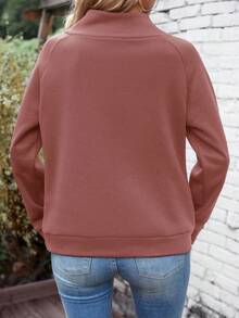 EMERY ROSE New Plus Size Women Casual Fleece Button High Collar Sweatshirt - Brown - View 2
