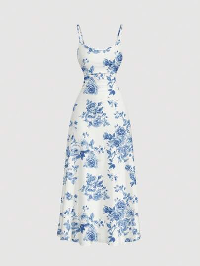 SHEIN MOD Casual Minimalist Blue & White Floral Print Dress, Women's Vacation Outfit, Boho Style, Hawaii Beach Dress, Country Style For Women, Ruched Waist Swing Strap Dress For Summer,Summer Dresses,Sun Dress Summer Clothes Women Dresses Women Elegant Dresses Woman Dress,Pastel Dresses For Women Suitable For Going Out Chic Dress