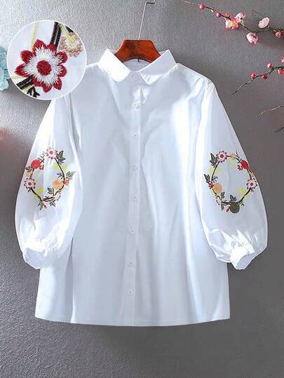 Linhara Plus Size Women Embroidered Mid-Sleeve Casual Shirt