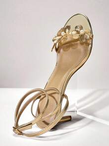 SHUZIA 女士花朵装饰细高跟日常聚会性感沙滩优雅金属 PU 金色高跟凉鞋 - 金色 - 查看 4