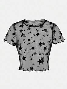 SHEIN Girlism 少女暗街时尚星星网眼透视两件套紧身上衣 - 黑色 - 查看 8
