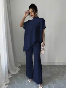 Elenzga Bộ 2 món dành cho nữ: Áo cổ bất đối xứng và quần dài - Màu xanh hải quân - Xem 5