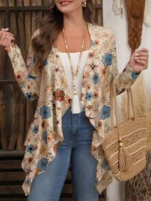EMERY ROSE Plus Size Women Khaki Ditsy Floral Long Sleeve Jacket, Suitable For Autumn/Winter Fall - Multicolor - View 8