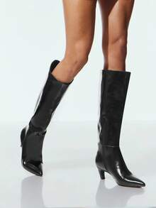 SHUZIA 优雅时尚女式黑色仿皮及膝舒适小猫跟一脚蹬时尚精致假日趣味靴