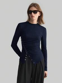 Ontre Women's Solid Color Round Neck Long Sleeve Metal Button Waist Casual Long Sleeve Elegant Commuter Autumn Women's Wear, Commuter Women's Wear, Business Casual Women's Wear, Christmas, Halloween, Christmas Party, Outing, Office Wear