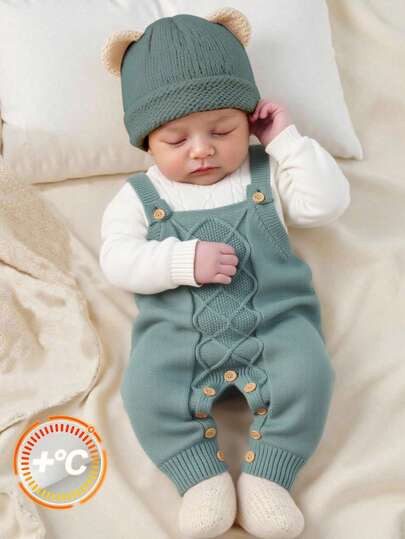 SHEIN Newborn Baby Boy/Girl Toddler Fall/Winter Clothes Outfits: Green Knitted Rompers, Overalls, Sweaters, Comfortable, Versatile, Fashionable, Cute, Retro, Classic, Simple Design Basics, Suitable For Indoor, Outdoor, Skiing, Daily Wear, Sports, Play, Party, Photo Shoots, Holidays Baby Boy Knit Romper Knitted Baby Boy Outfit Newborn Baby Layette Set