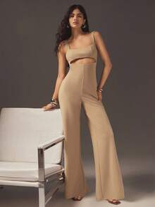 Hauture 净色无袖镂空阔腿连体裤 - 駝色 - 查看 3