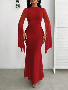 SHEIN Lady Đầm ôm body tay dài phối lưới màu trơn thanh lịch viền đuôi cá cho nữ - Màu Đỏ Sâu - Xem 5
