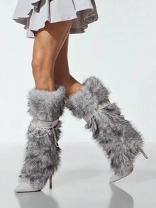 SHUZIA 魅力女士灰色人造毛皮蓬松尖头细高跟靴温暖舒适冬季假日性感派对 - 灰色 - 查看 4