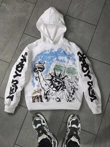 Manfinity EMRG Men's Casual Letter Print Long Sleeve Loose Fit Hoodie Sweatshirt, Autumn Graphic New York Statue Of Liberty Streetwear Y2k Graphic Hoodie. Men's Oversized Statue Of Liberty Graphic Hoodie, Ultra Loose Pullover Sweatshirt, Winter Fashion, Halloween, Perfect Gift For Boyfriend Or Husband