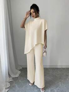 Elenzga Conjunto de 2 piezas para mujer con blusa de cuello asimétrico y pantalón largo