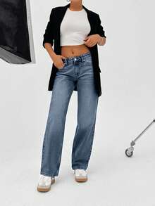 100% Cotton LOW RISE  STRAIGHT FIT VINTAGE WASH Y2K STYLE JEAN - Dusty Blue - View 5