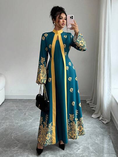 Elenzga Vestido casual largo y holgado con estampado floral digital y cuello alto en línea A, adecuado para uso diario en otoño