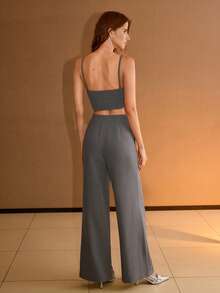 MOTF PREMIUM RHINESTONE DETAIL SHIRRED BACK CROP CAMI TOP & SLANT POCKET WIDE LEG PANTS SET - Grey - View 3