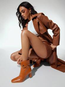 SHUZIA 女士日常休闲舒适尖头粗跟翻折踝靴 - 巧克力棕 - 查看 3