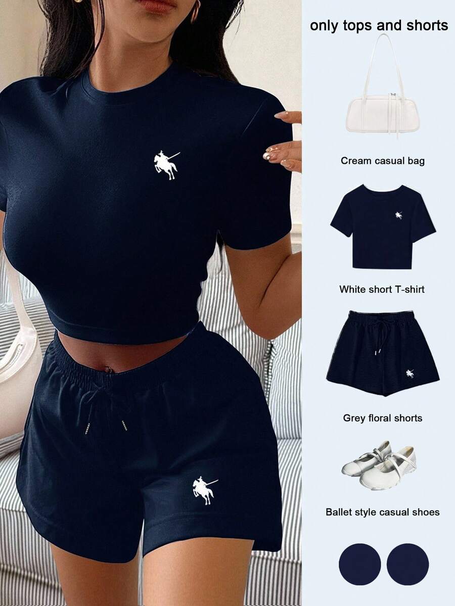 INAWLY Women's Casual Rider Print T-Shirt And Shorts Set, Perfect For Summer - Navy Blue - View 1