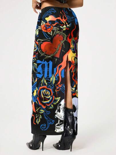 ROMWE Avant Jupe mini femme avec imprimé texte flamme cœur squelette rétro Y2K