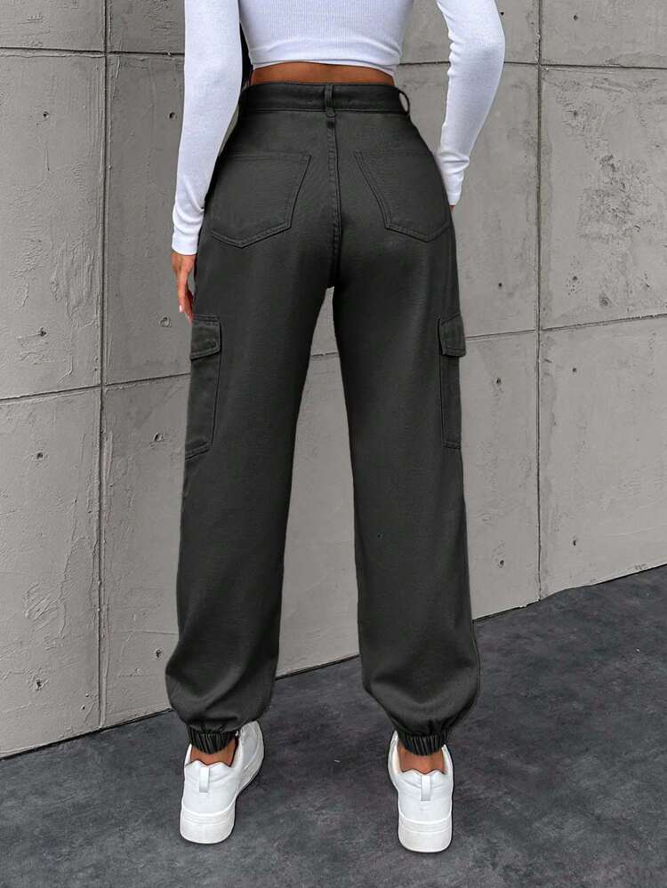 Quần Jeans Nữ Dáng Rộng Đơn Sắc, Phong Cách Đường Phố Thường Ngày, Túi Cài Nút - Màu xám đen - Xem 2