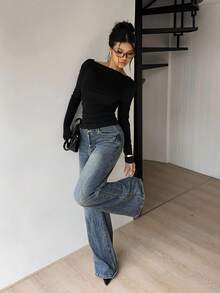 Siren Gaze 深 V 背长袖上衣 - 黑色 - 查看 3