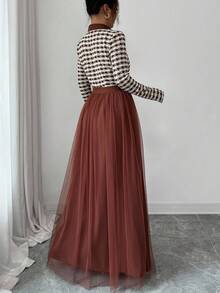 Elenzga Váy dài tay chữ A chất liệu lưới tương phản lãng mạn thanh lịch dành cho nữ - Nhiều màu - Xem 2