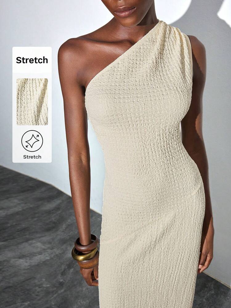 SHEIN Maija 女性用エレガントな無地テクスチャーマキシワンショルダードレス、夏のankle丈ドレス クリームドレス ワンスリーブドレス エレガントで知的な女性の結婚式ゲストドレスアウトフィットと美しいフレンチルーズハイエンド知性とエレガンスのオールドマネースタイルクルーズウェア休暇ウェア オールシーズンニットマキシドレス クリームドレス マキシドレス クリームワンショルダーマキシドレス テクスチャードレス クリームワンショルダードレス、秋の結婚式ゲストドレス