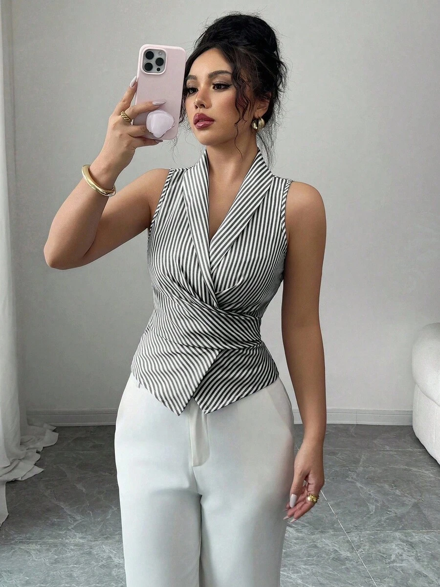 Elenzga Áo cánh thanh lịch không tay cổ chữ V thắt eo cho nữ - màu đen - Xem 1
