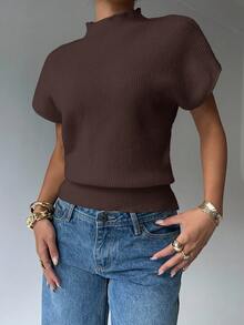 Aloruh Women's Fashion Casual Basic Crew Neck Short Sleeve Sweater,Fall,Brown Sweater - Coffee Brown - View 5