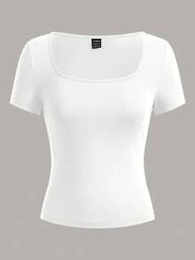 SHEIN EZwear 3pcs Women's Square Neck Short Sleeve Cropped Casual Fitted T-Shirts, Suitable For Summer