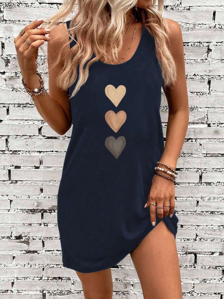 EMERY ROSE Casual Heart Pattern Vest Dress, Suitable For Summer Suitable For Going Out Chic Dress - Navy Blue - View 1