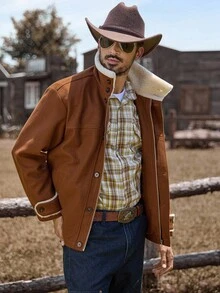 Manfinity Nomadique Men's Drop Shoulder Versatile Front Button Mature Casual Overcoat, Fall Winter - Brown - View 3